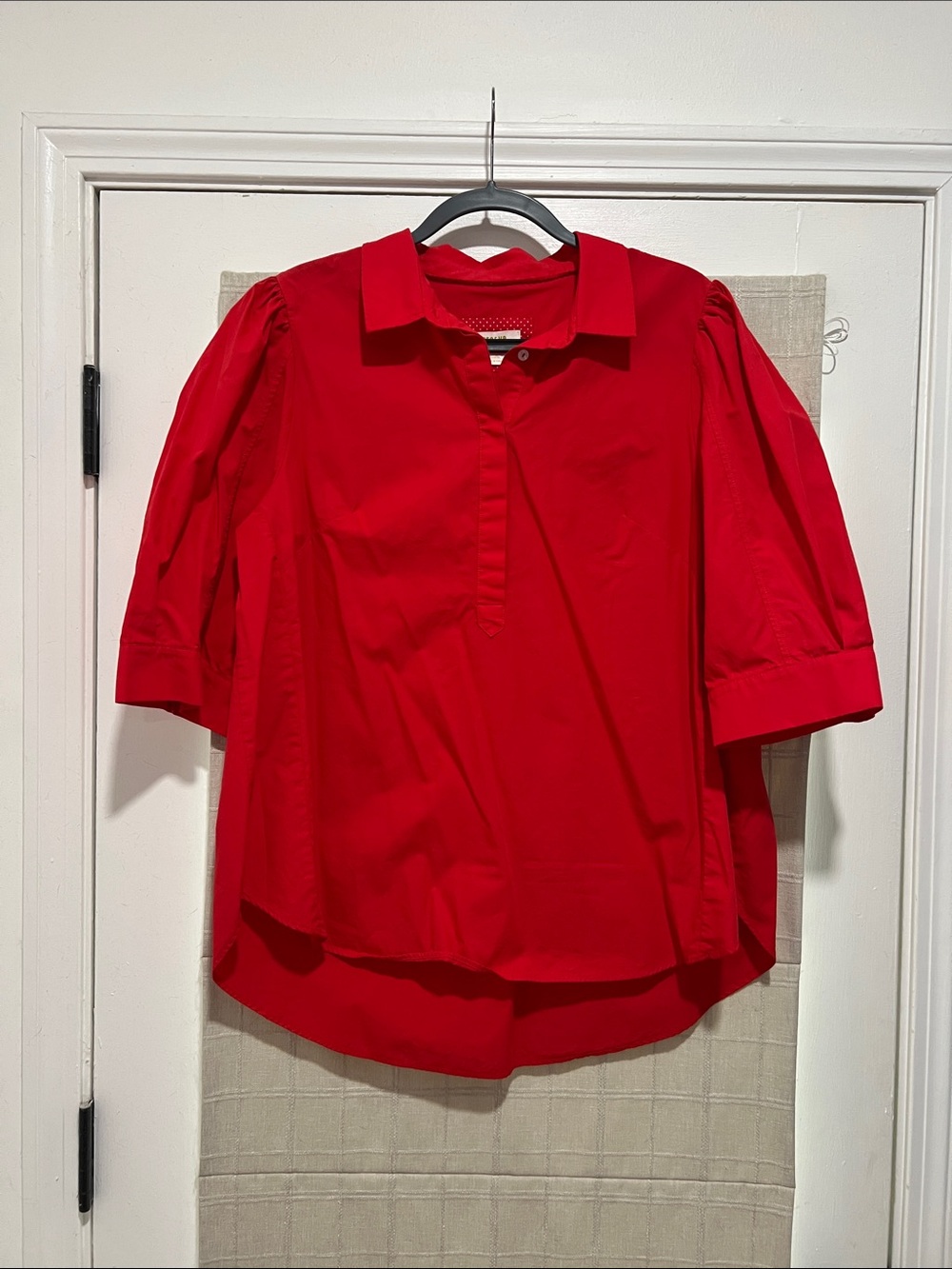Maeve Red Puff Sleeve Collared Women's Top